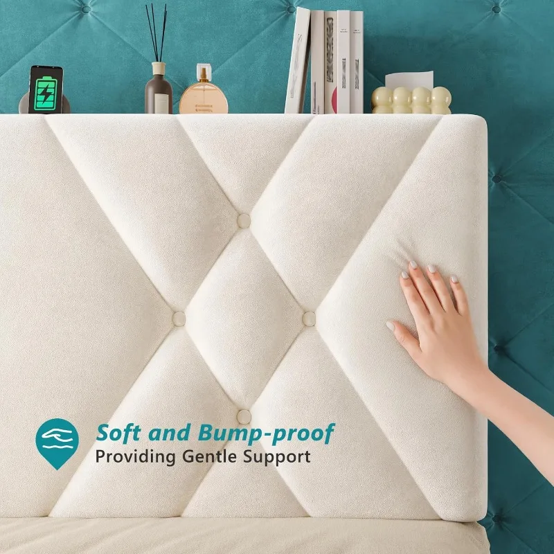 Estructura de cama tamaño King con 2 cajones de almacenamiento y cabecera, estructura de cama con plataforma de terciopelo con luces LED y estación de carga