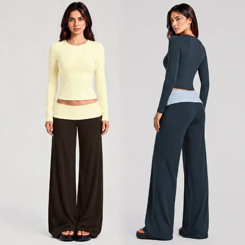 Women Round Neck Long Sleeve Yoga Outfit Set Slim Fit Crop Top Color Block Fold Waist Wide Leg Pants Quick Dry Casual Sportswear