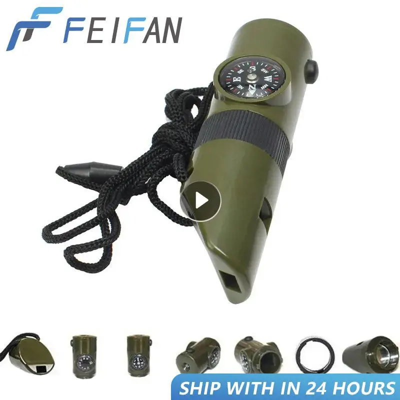 7 In 1 Compass Survival Whistle Multifunctional Thermometer Compass Whistle Magnifier Flashlight Storage Container Outdoor Tools