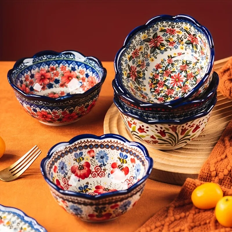 

5-Pcs Small Ceramic Bowl Set, Vintage Floral Polish Pottery, Microwave & Dishwasher Safe, Elegant Soup, Salad, Dessert Bowls for