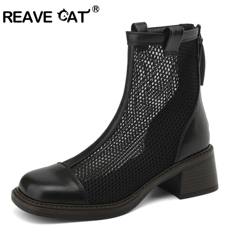 

REAVE CAT 2024 Mesh Summer Ankle Boots Zip Hollow Breathable Cool 5.5cm Square Heel Round Toe Western Big Size 41 42 43 Black