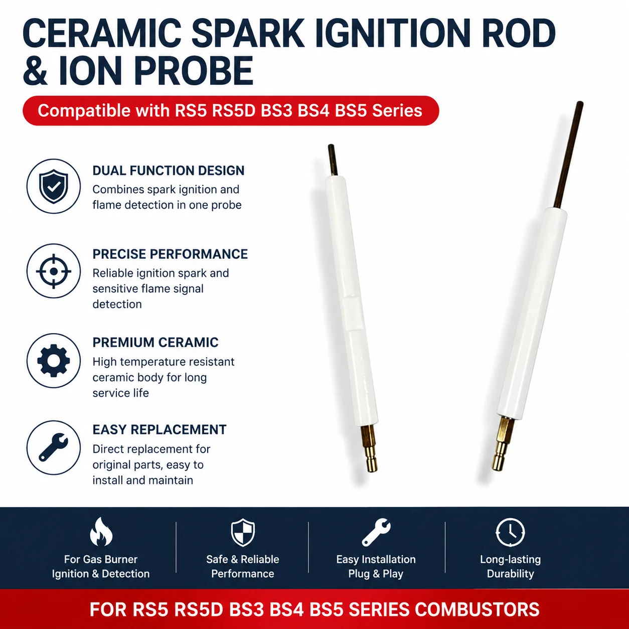 Ceramic Spark Ignition Rod Flame Detection Ion Probe Compatible with RS5 RS5D BS3 BS4 BS5 Series Heating Combustor Maintenance A