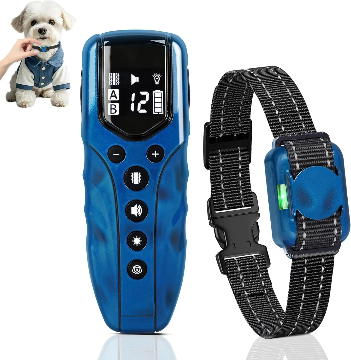 

Самый легкий вибрационный ошейник для собак, пульт дистанционного управления 2000 футов, безопасный, водонепроницаемый для маленьких и средних собак, 5–15 фунтов, звуковой сигнал/вибрационный, без зубцов, синий