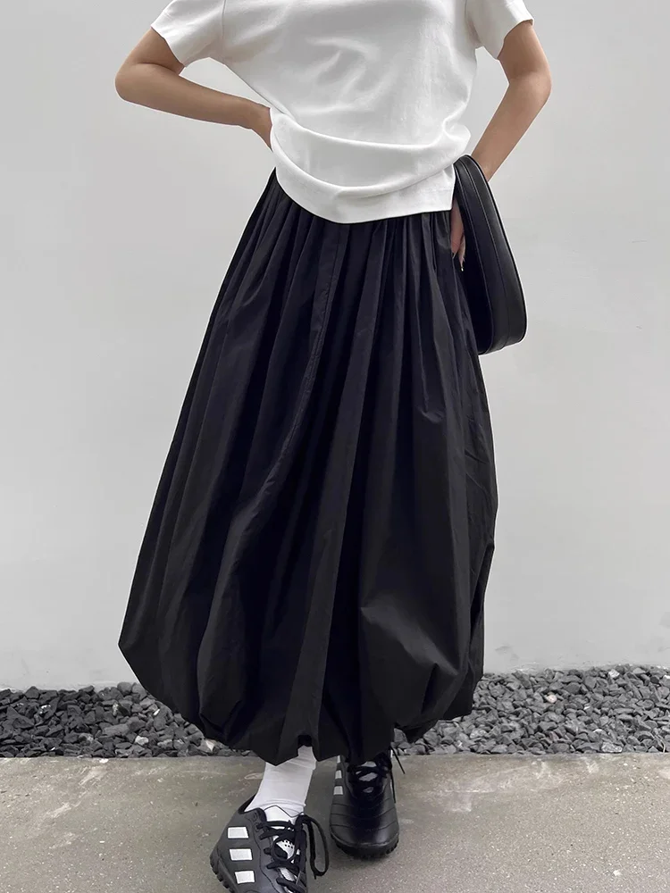 Elegant Solid Women Elastic Waist Long Skirt Fashion A-line Vintage Korean Fashion Loose Balloon Maxi Skirt Casual Streetwear