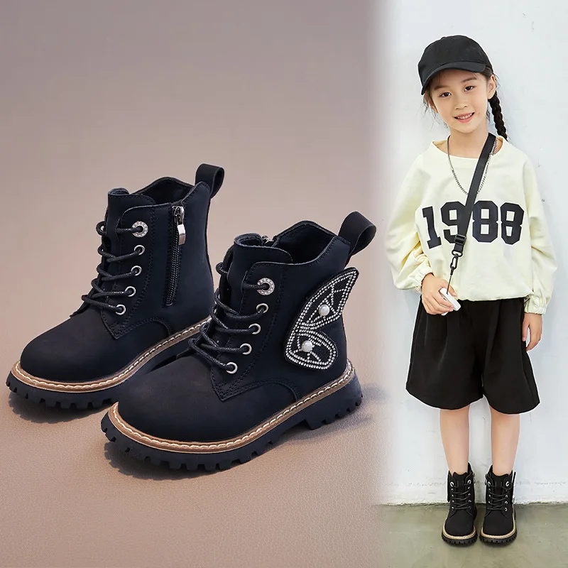 Botas de couro infantil com asas de borboleta, sapato curto feminino, princesa, casual, outono, inverno