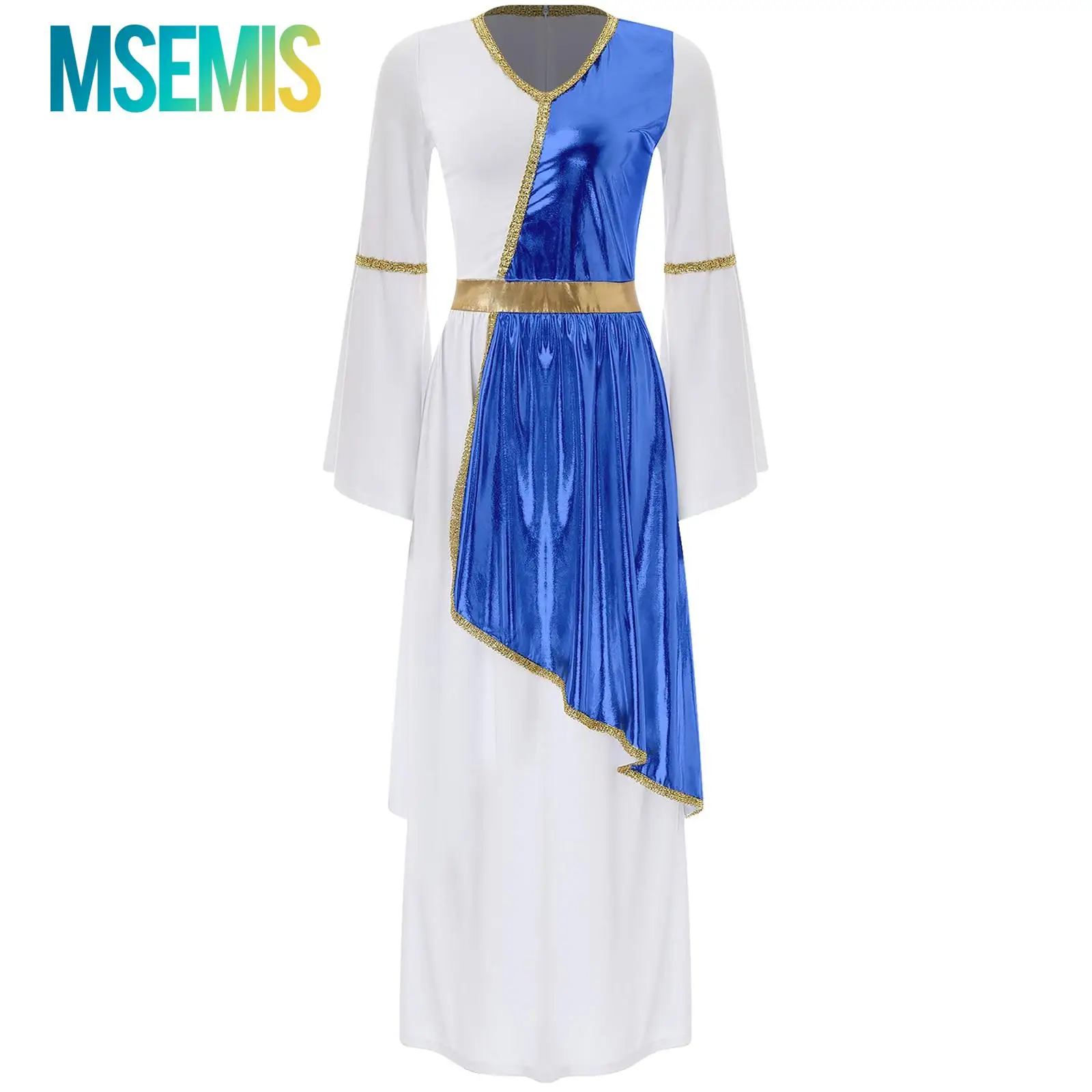 

Женское римское греческое красивое платье Тога с v-образным вырезом и расклешенными рукавами, металлическое блестящее платье с золотой отделкой, халат, костюм для косплея на Хэллоуин