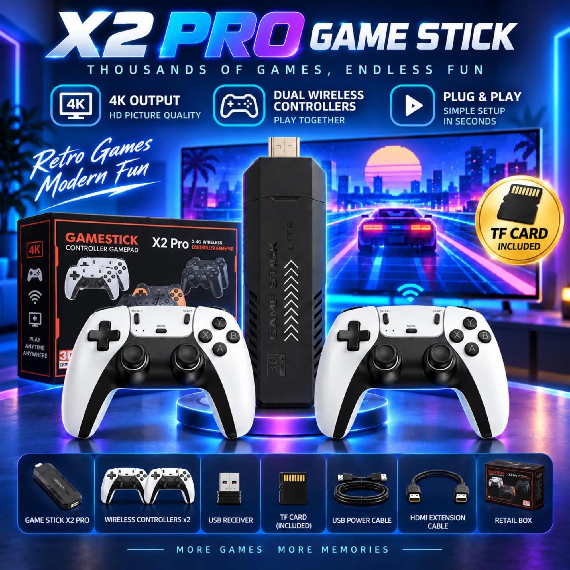 X2 PRO Game Stick 4K HD TV Video Game Console with Dual 2.4G Wireless Controllers Retro Gaming Stick Classic Games Player