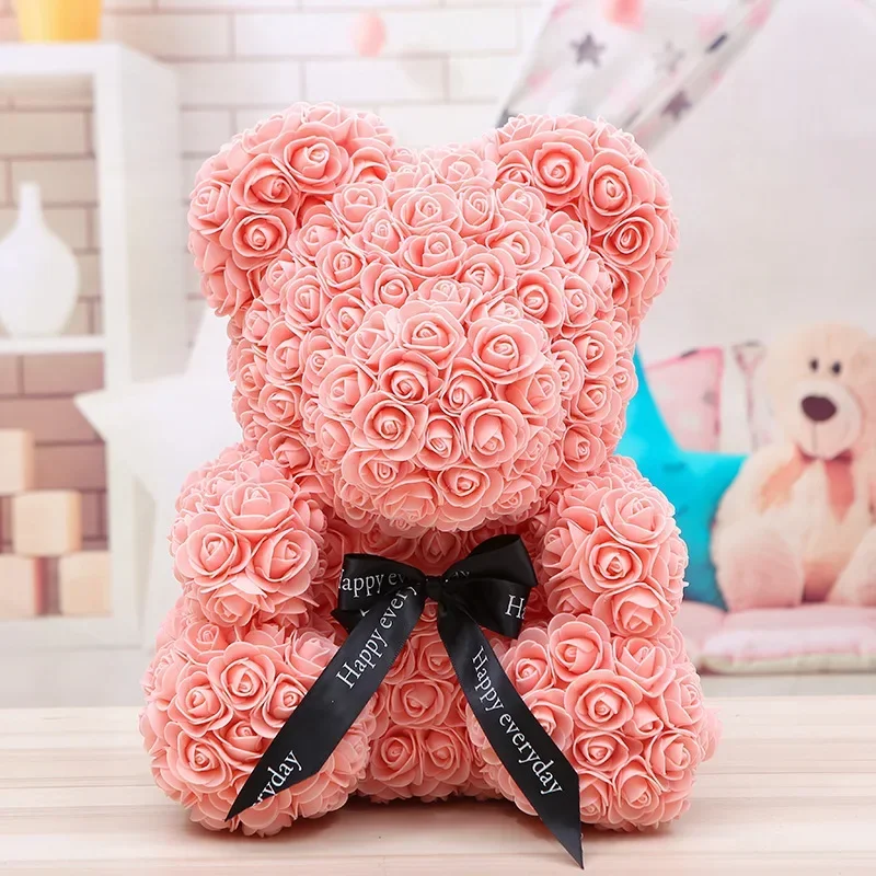 Oso de peluche rojo de 40cm, flor rosa, regalos de Navidad artificiales para mujeres, regalo del Día de San Valentín, oso de peluche