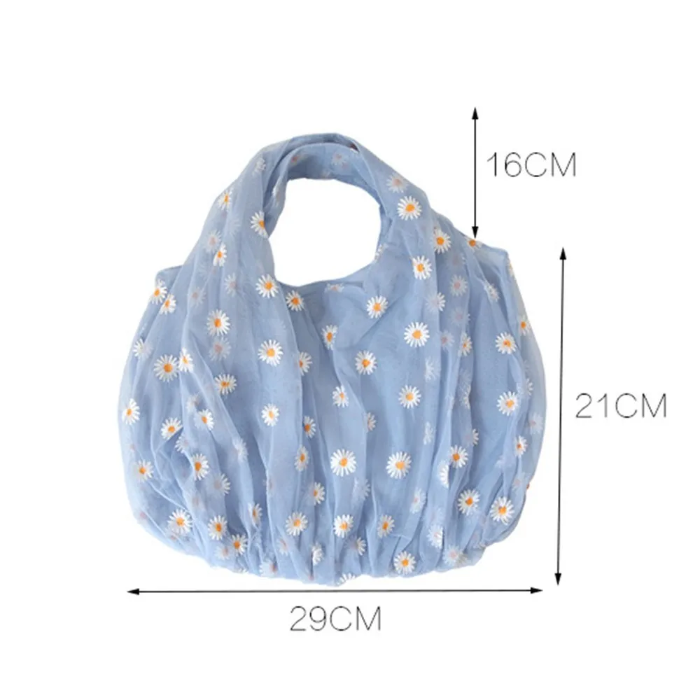 New Style Single Shoulder Bag Net Yarn Embroidery Small Daisy Cute Embroidery Shopping Bag Eco Friendly Handbag for Women Girls