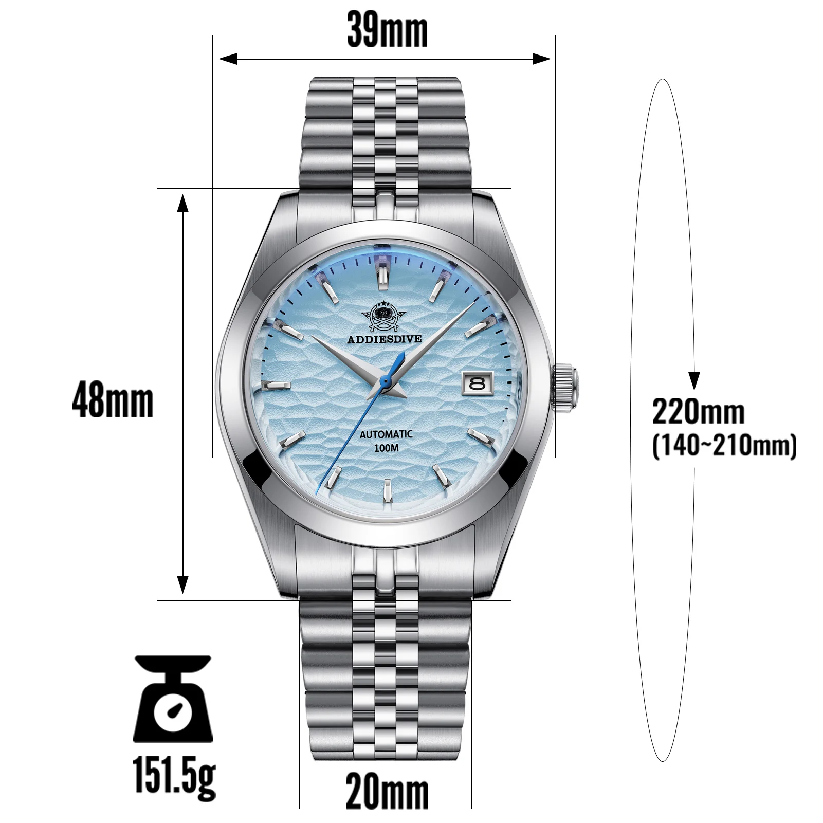 ADDIESDIVE Calendar Automatic Watch Luxury Business Wristwatches for Men NH35 Silver 100m Waterproof Diving Mechanical Watches