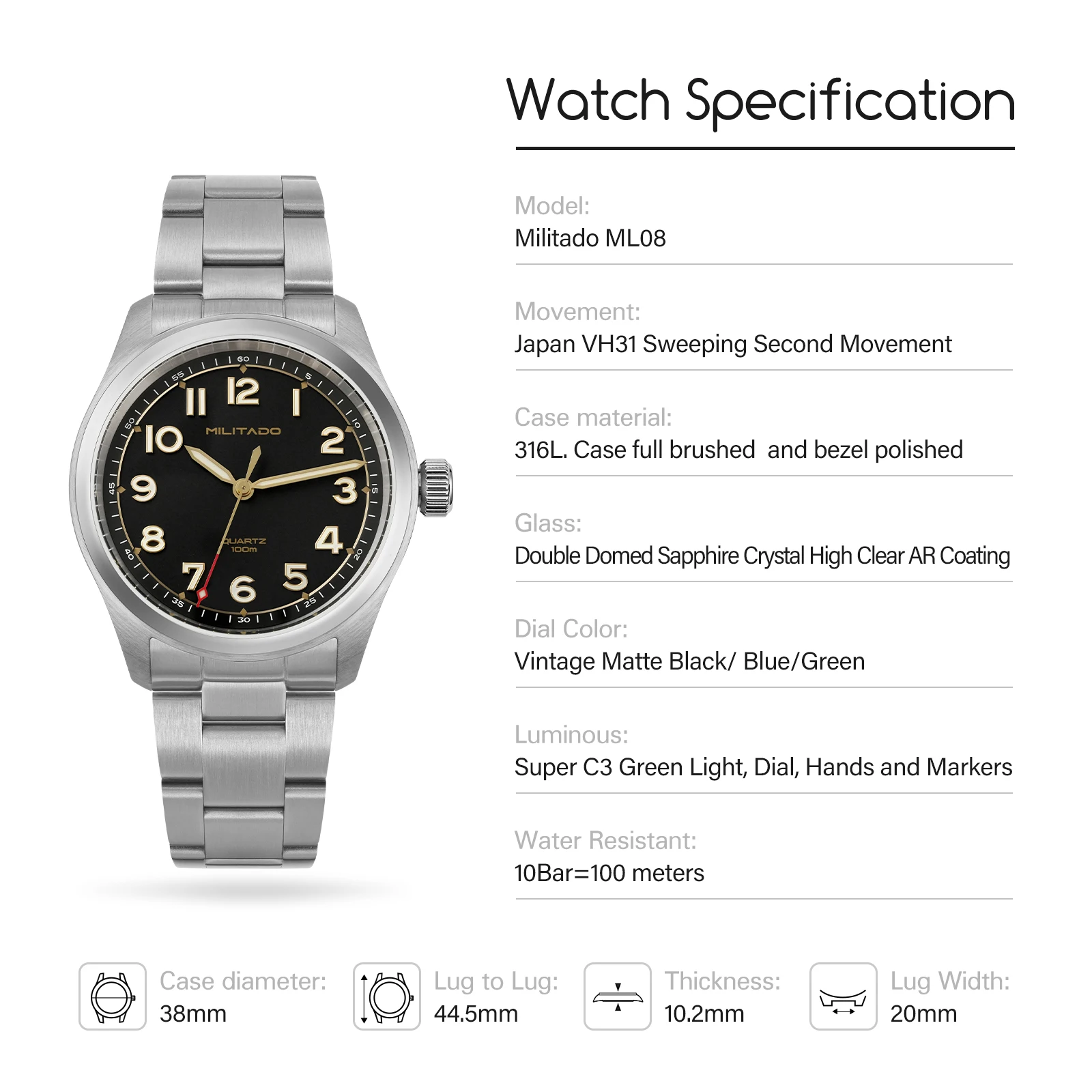 Militado ML08 Quartz Watch Ronda 515/VH31 Movement Domed Sapphire Wristwatch BGW9 Luminous 10Bar Waterproof 38mm Vintage Watches