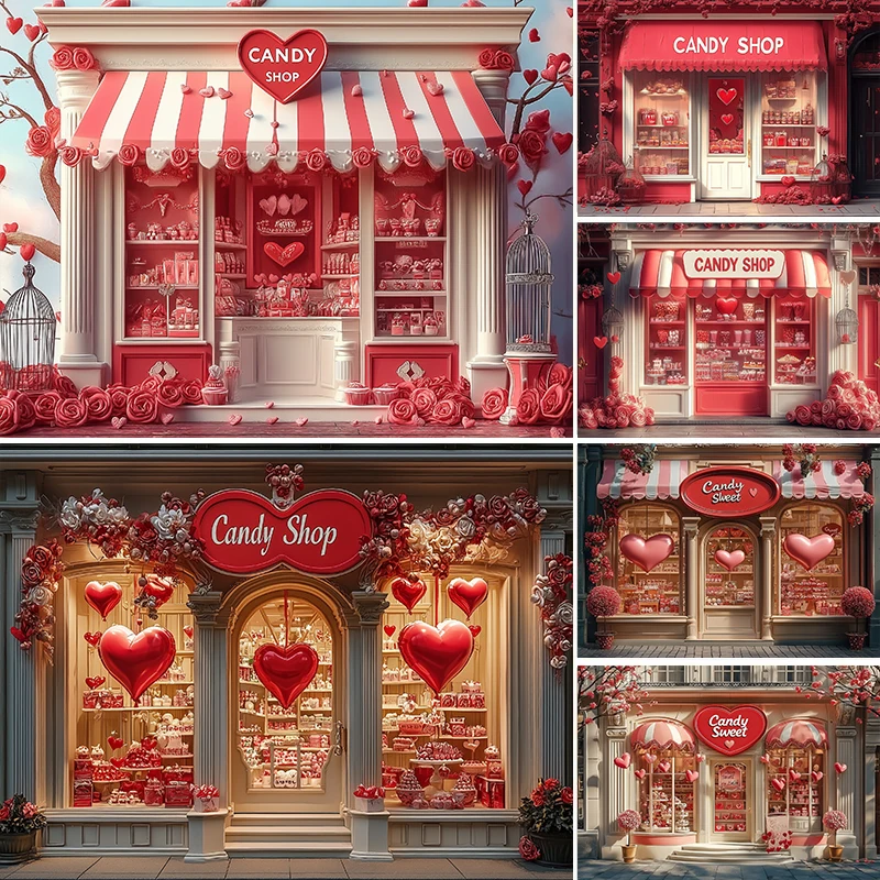 

LS Valentine's Day Floral Candy Store Backdrops Kids Adult Photography Child Baby Photocall Spring Street Stores Background