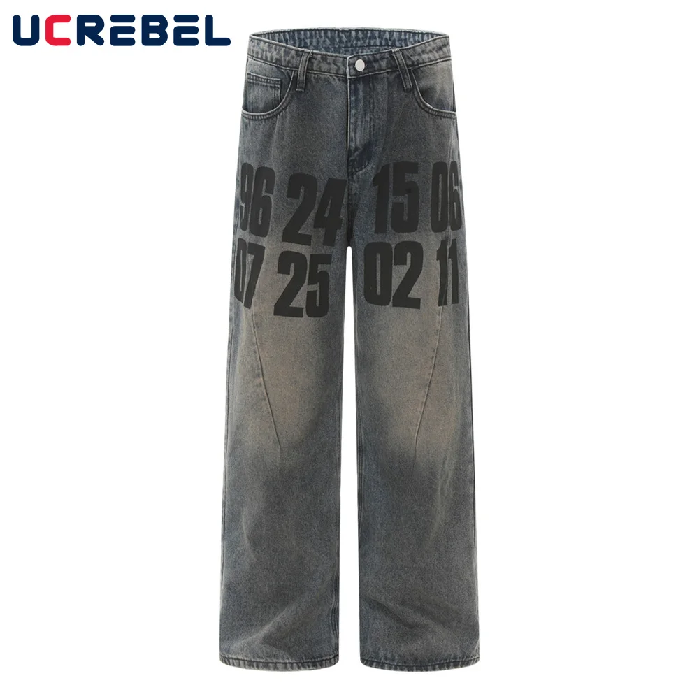 

Letter Double-sided Printed Jeans Mens Spring Retro High Street Straight Loose Wide leg Spliced Denim Pants Men