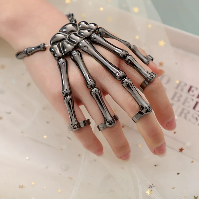 Punk Mechanical Bone Ring Dark Metal Full Finger Claw Unisex Skeleton Hand Bone Adjustable Bracelet Halloween Party Jewelry