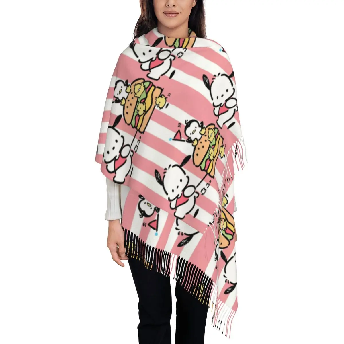 Custom Pochacco Hamburger Sjaal Wrap Vrouwen Lange Winter Warm Kwast Sjaal Unisex Sjaals