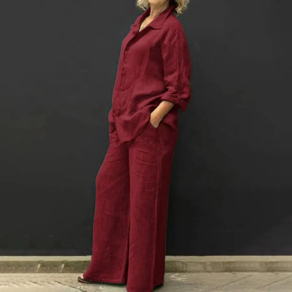 طقم قميص وبناطيل كتان بأكمام طويلة للنساء ، بلوزة كاجوال ، مستقيم ، أحادي اللون ، فضفاض ، أزرار ، عتيق ، خريف ، 2