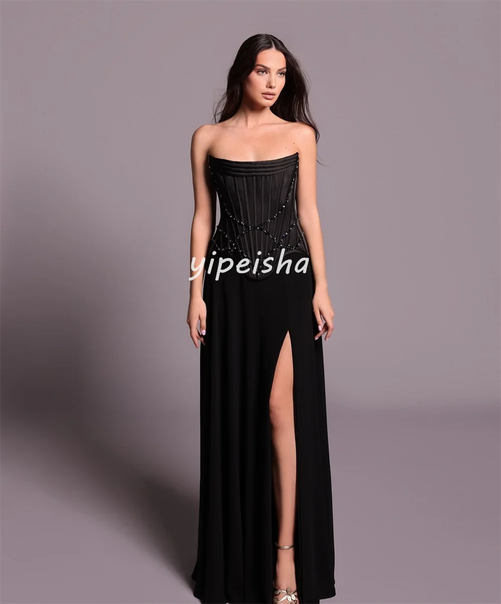 Sukienki szyte na miarę, modne, plisowane, zdobione koralikami i cekinami, o kroju litery A, bez ramiączek, długie, sukienki na specjalne okazje, w stylu chińskim.