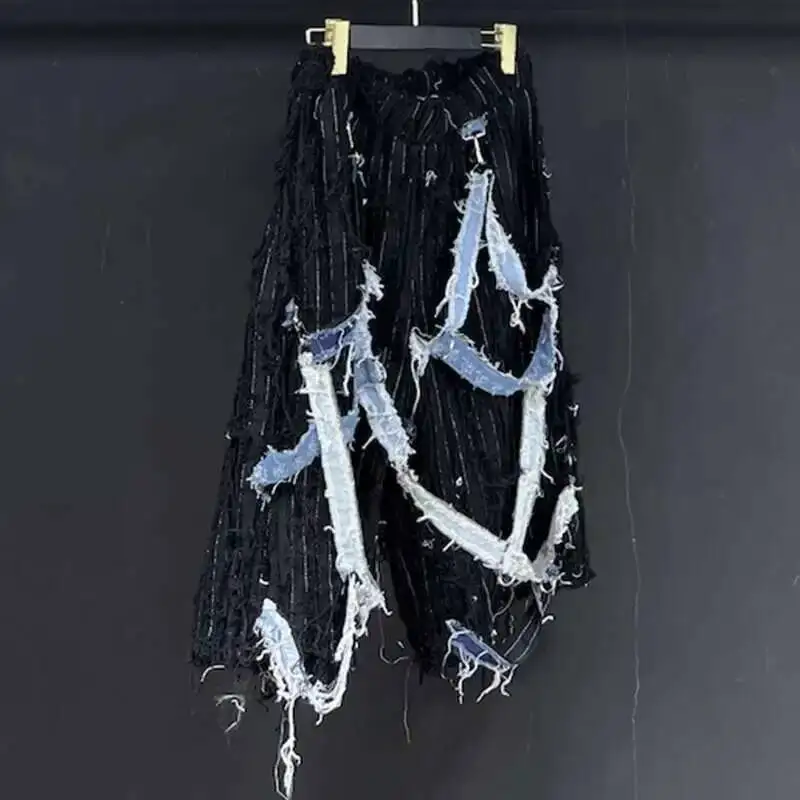 Men's Denim Wearproof Shorts Summer Ribbon Patchwork Avant-garde Darkwear Male Cool Worn Out Personality Design New ZFE4