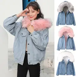 Women Denim Jacket Cozy Winter Women's Jacket with Furry Hood Plush Lining Button Closure Windproof Warm Coat for Weather Fleece