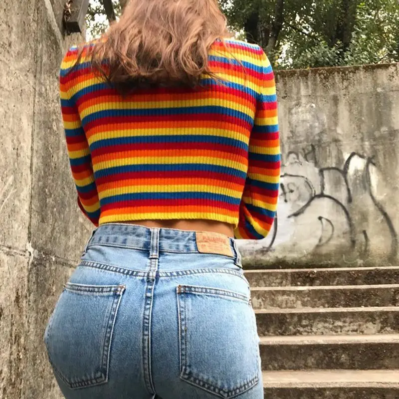 

Womens Autumn Long Sleeve Turtleneck Sweater Colorful Rainbow Stripes Short Crop