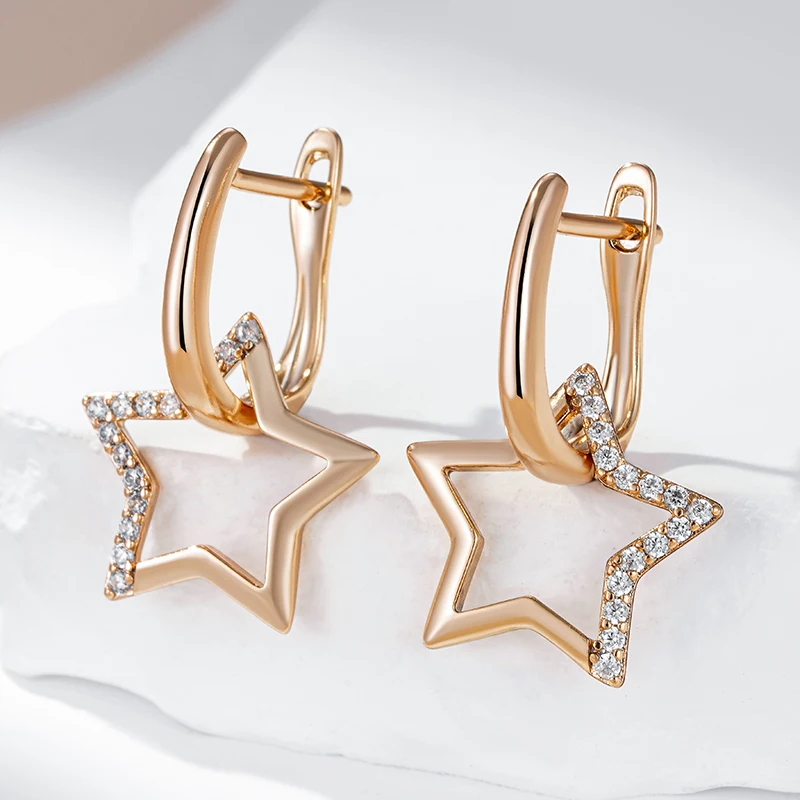 Kinel Hot Fashion Glossy 585 Gold Color Star Dangle Earrings For Women Paved Natural Zircon Accessories Daily Fine Jewelry