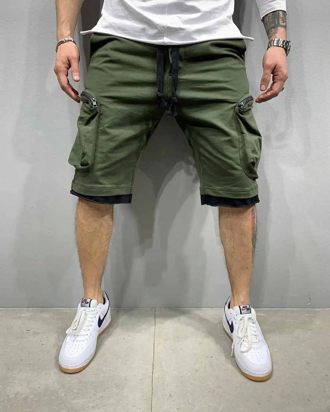 Summer New Men\'s Fitness Five Quarter Pants Cotton Shorts Double Pocket Zipper Decorative Cargo Pants Casual Sports Pants