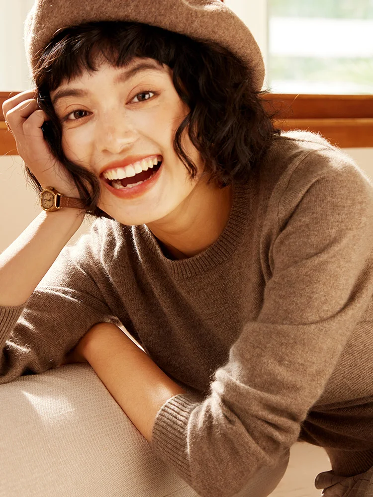 

Осенне-зимняя женская вязаная толстовка из 100% кашемира с круглым вырезом, однотонный базовый свитер, вязаная толстовка