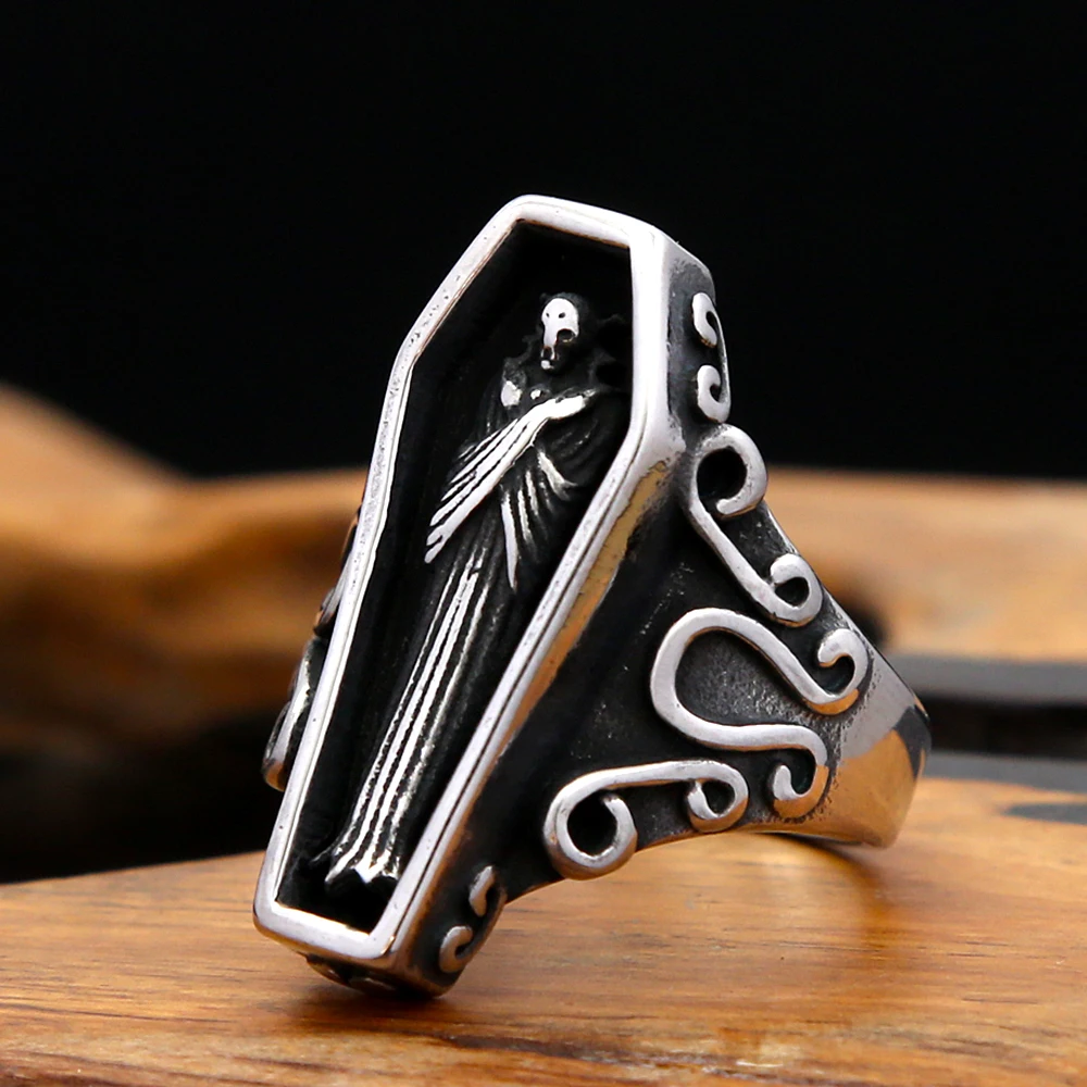 

Punk Vintage Vampire Coffin Ring Stainless Steel Goth Skull Ring For Men Women Unique Biker Amulet Jewelry Gifts Dropshipping