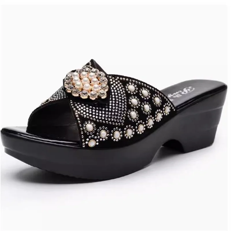 Slippers Woman Rhinestone Genuine Leather Summer Shoes Fashion Wedges Heels Sandals Women\'s Slides slipper Large Size 35--42