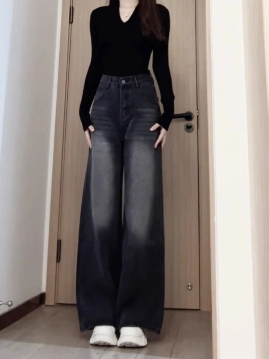 

Loose Straight Leg Jeans Women's Autumn Spring New plus Size Large Casual Floor Length Trousers High Waist Wide Leg Jeans