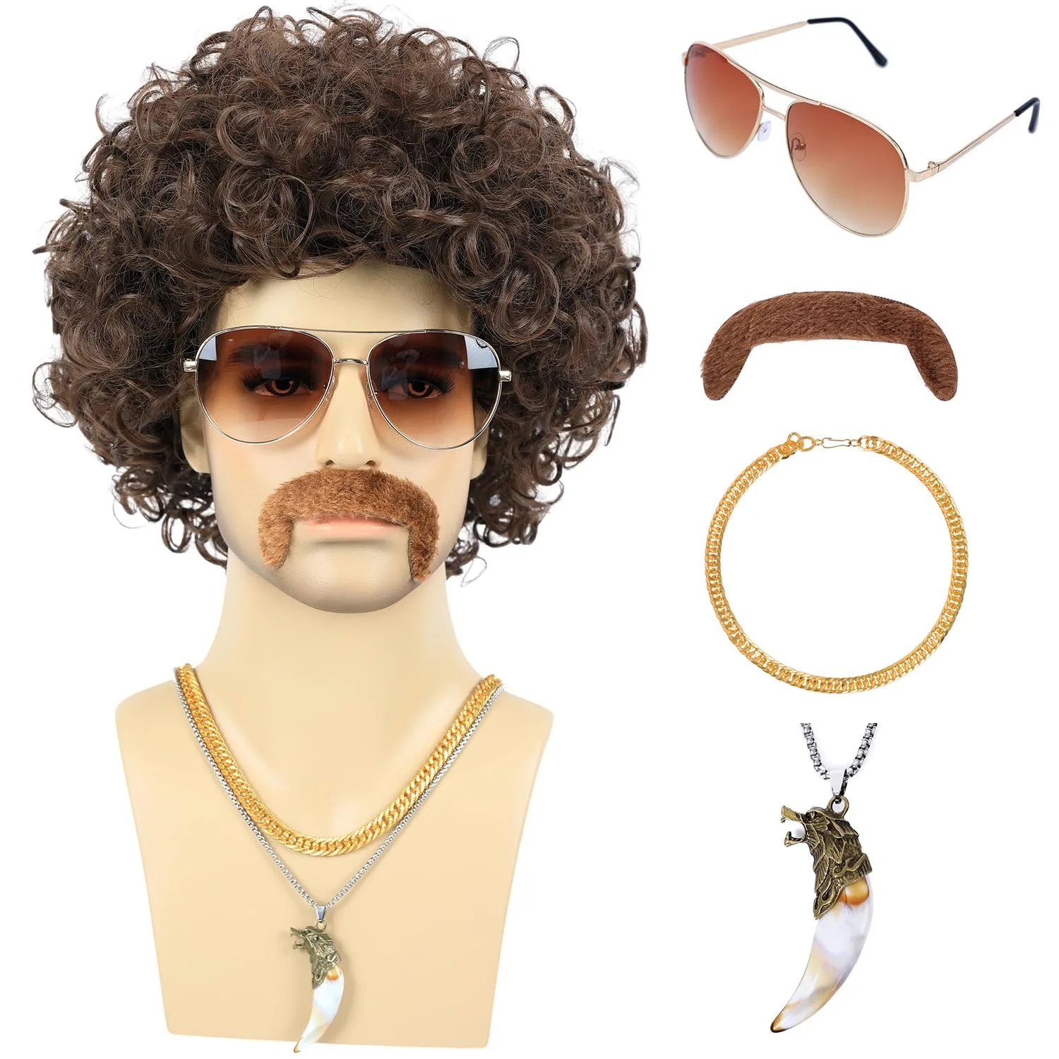 70s 80s Costume Wigs for Men with Mustache Glasses and Chain Short Brown Shaggy Disco Wig for Rocker Singer Hippie synthetic