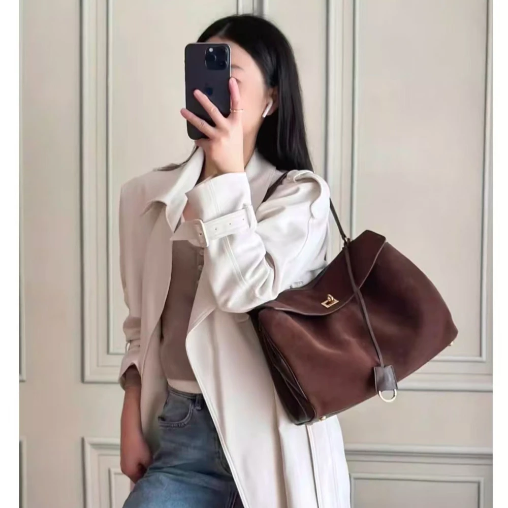 European and American new black suede large capacity single shoulder tote bag handbag luxury brown designer crossbody bag
