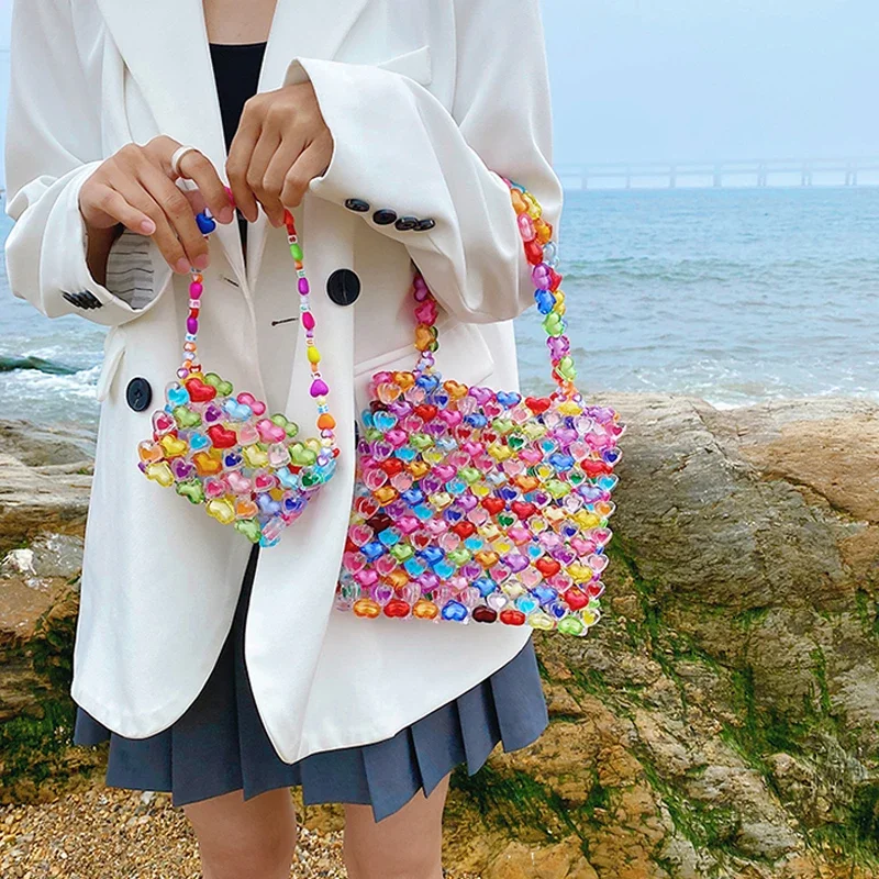 Jelly Color Love Beaded Bag DIY Hand Woven Bead Bag Female Summer Heart-shaped Armpit Bag  Luxury Designer Purses and Handbags