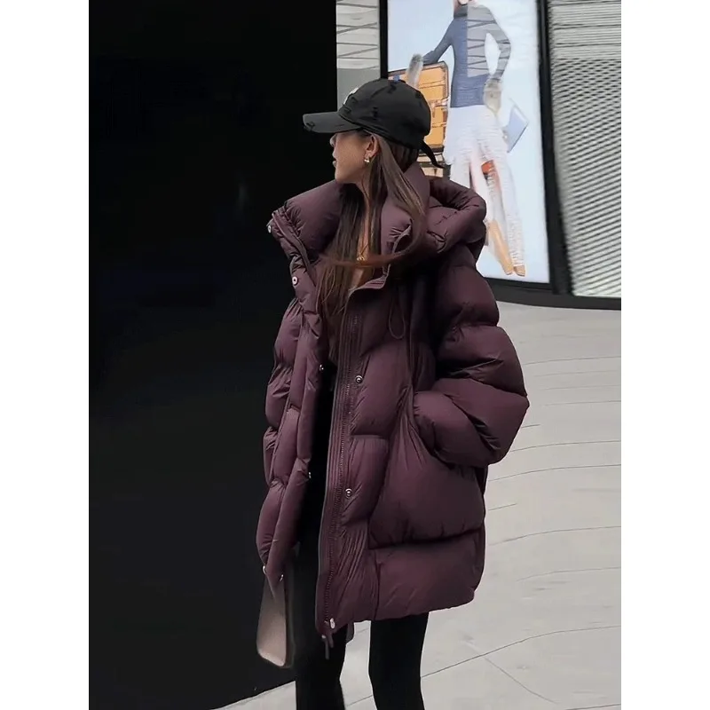 

Winter New Puff Down Jacket Female Thickened White Duck Down Warm Coat Women Medium-length Loose Solid Thick Hooded Overcoat
