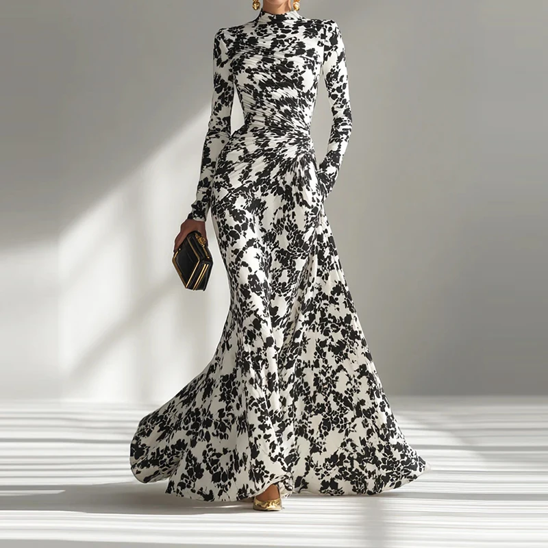 

Весеннее элегантное вечернее платье с круглым вырезом и драпировкой, повседневное женское платье с длинным рукавом и завышенной талией, осеннее модное платье-клеш с принтом