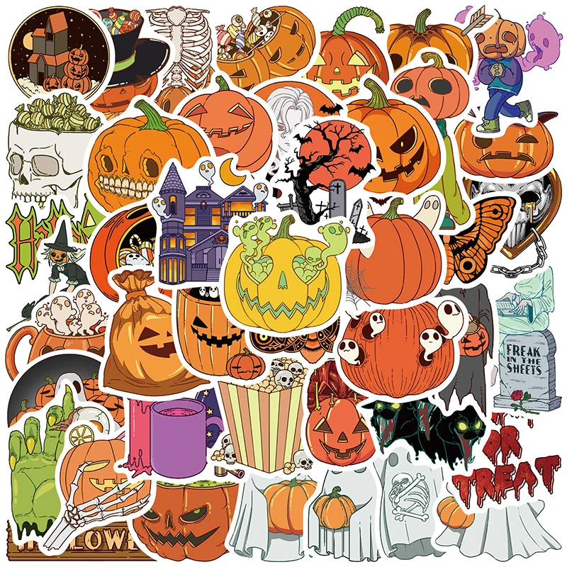 50PCS Halloween Pumpkin Theme Sticker Ghost Pumpkin Head Fun Humorous Self-adhesive Decal DIY Guitar Water Bottles  Card Decals