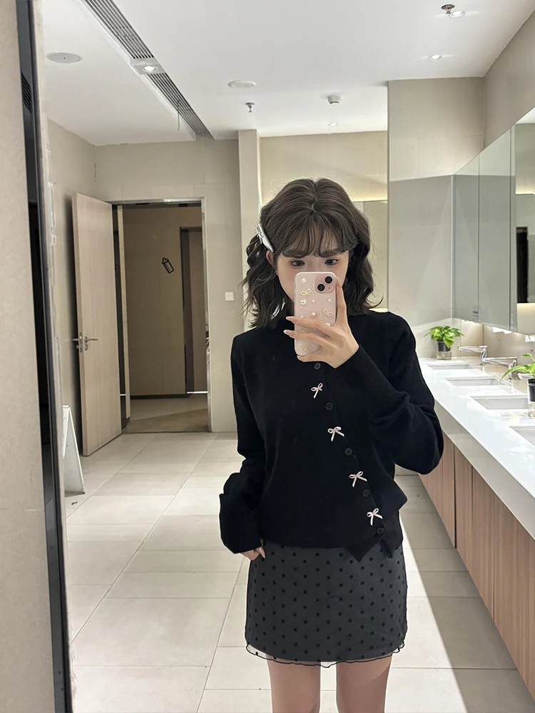 

Korean Sweet Bla Bow Knot Knitted Open Cardigan Women's Autumn Winter Lazy Sle Soft Cozy High End Feeling Inner Wear Swea...
