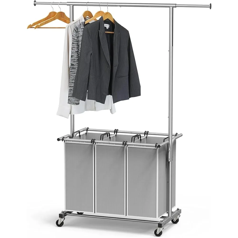 

SimpleHouseware 3 Bag Laundry Sorter Rolling Cart w/Garment Rack Hanging Rod, Silver Sturdy silver steel frame stylish design