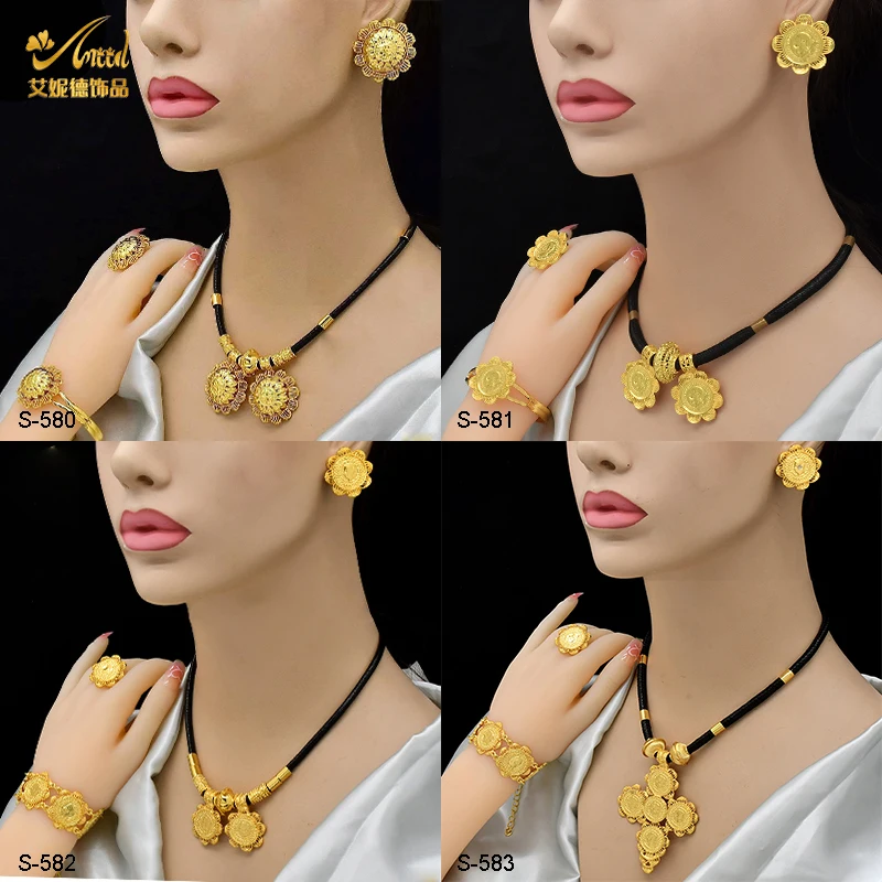 

Ethiopian Arab Coin Jewelry Set For Women Wedding 24K Dubai Gold Color Black Rope Necklace/Earring/Bracelet/Ring Party Gift