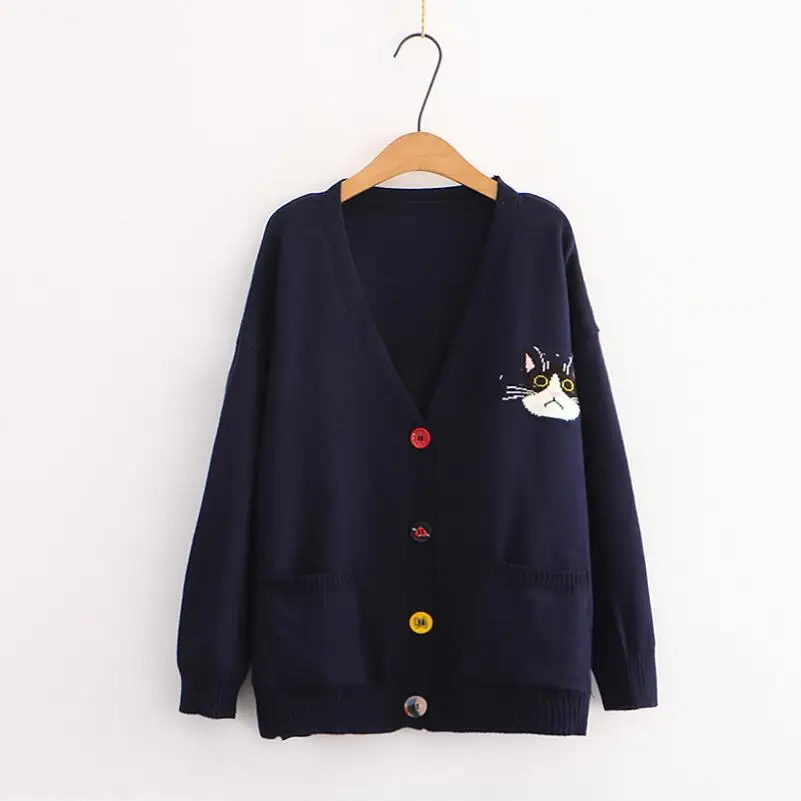 Women Cardigans Cartoon Cat Embroidery Casual Knitted Sweater Winter Long Sleeve V-neck Multicolor Button Preppy Style Top w399