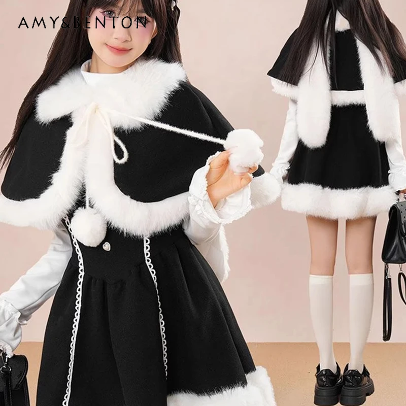 

Original Design Black Furry Cape Woolen Women's Coat Dress Set 2025 Autumn Winter New Thickened Splicing Dresses Sets Ladies