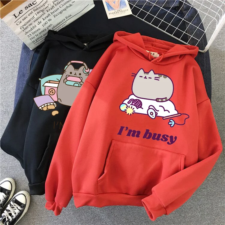 Women Ullzang Cute Cat Sweatshirt Funny Cartoon Pusheen Cat Kawaii Harajuku Korean Style Hoodies Graphic Fashion Hoody Female