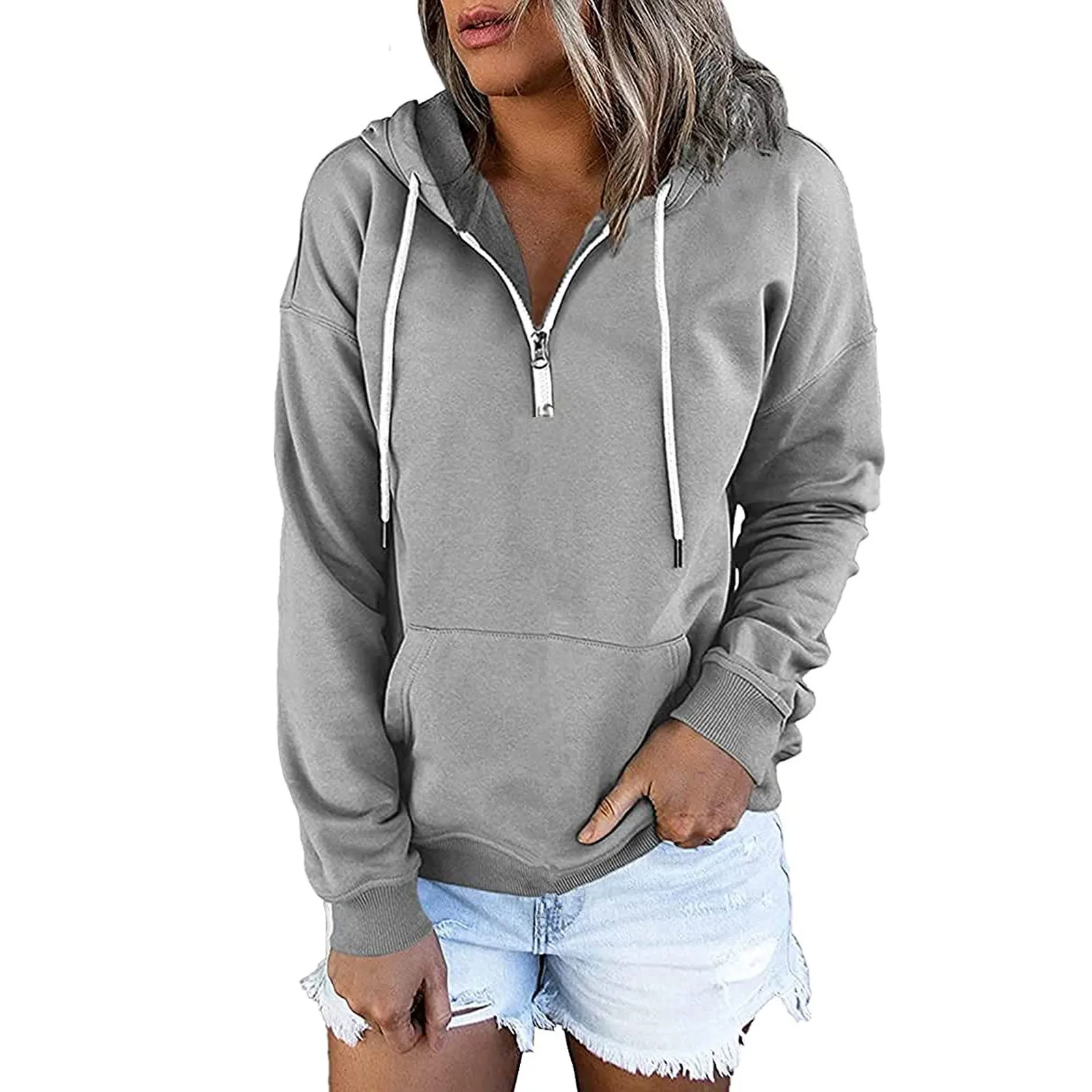 Pullover For Women\'s Button Down Hoodies Drawstring Hooded Pocket Casual Long Sleeve V Neck Sweatshirts Tops Sudadera Mujer