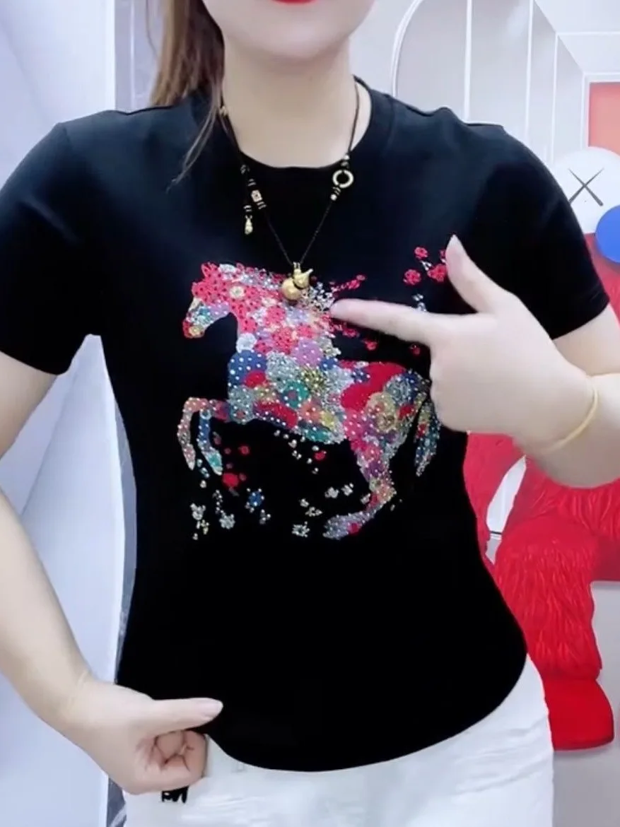 Summer Short Sleeve T-Shirt Women's Loose Casual round Neck Mom Clothes Fashionable 2026 New Style Cartoon Print Top