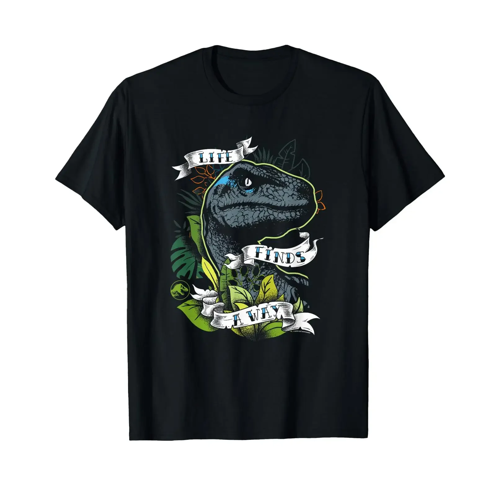 Jurassic World Velociraptor Life Finds Way Retro Tattoo Logo T Shirt vintage Washed Stylish fashion Unisex Slightly