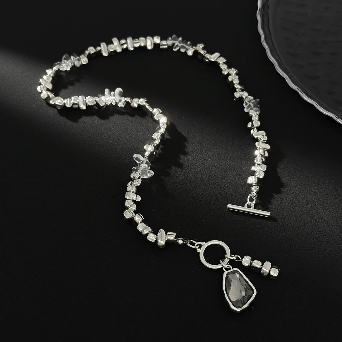 Elegant Irregular Black Acrylic Rhinestone Pendant Necklace Ring Set