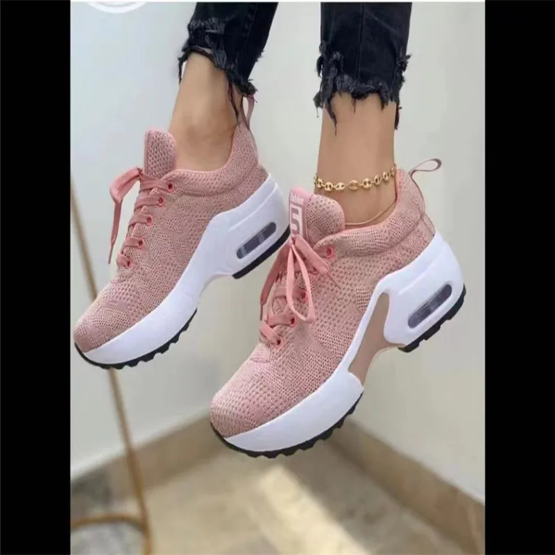 2022 Sports Shoes Women's Shoes Thick Soles Mesh Breathable Casual Shoes Lace Up Wedge Shoes Slip on Women's Shoes Vulcanization