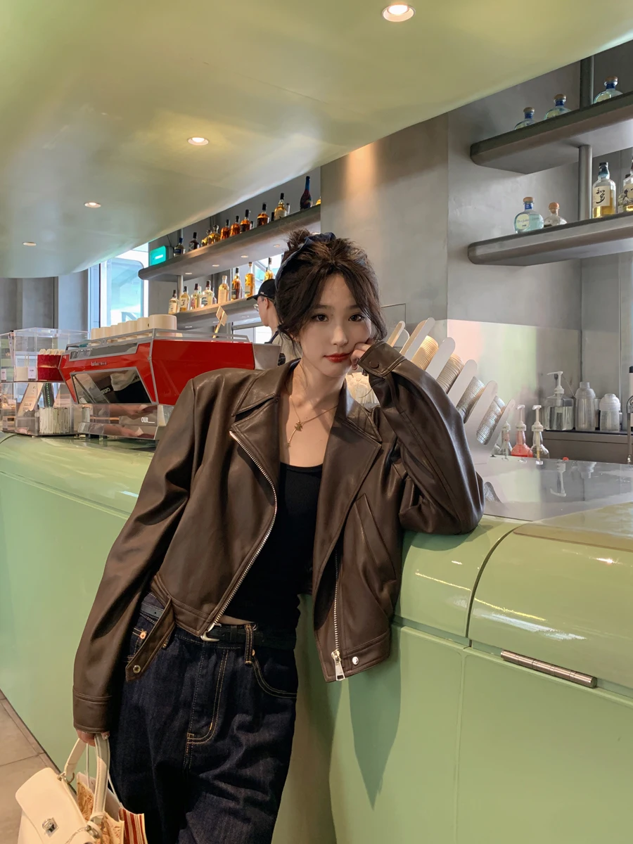 SMBL RAIN 2024, neuer Damen-Biker-Lederjacke, Kaffeefarbe, Street Sle ort Sve, langer Mantel, schmale Passform, PU-Material