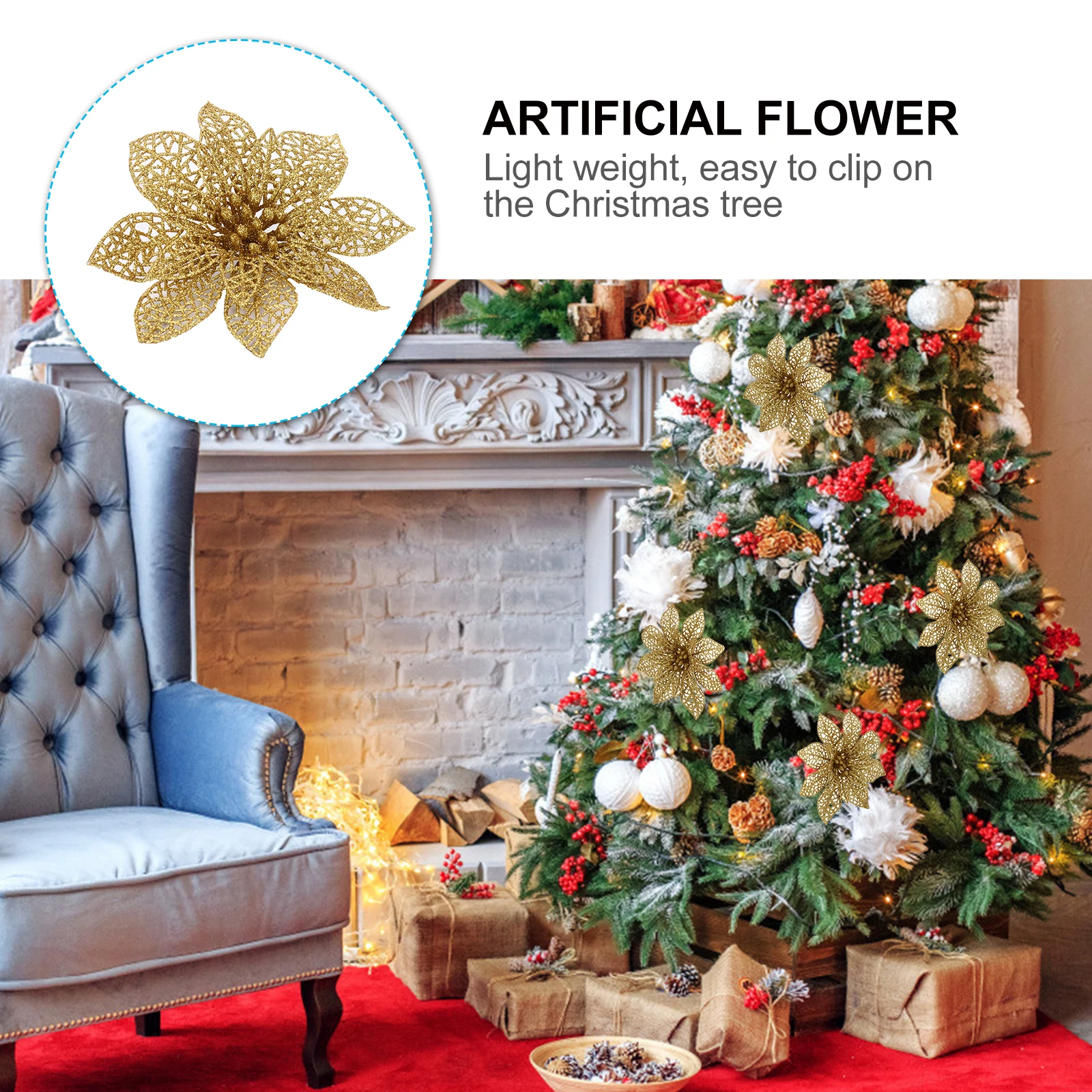 

20 Pcs Simulated Christmas Tree Flowers Hollow Glitter Xmas Poinsettia Decoration