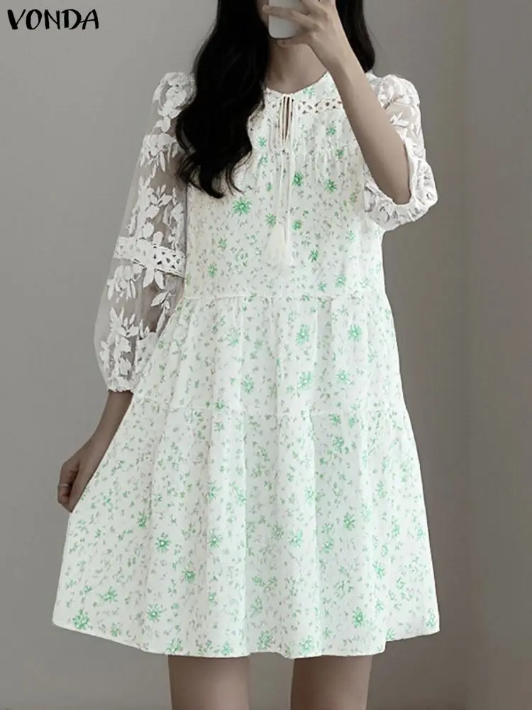 VONDA Mini abiti con stampa floreale bohémien Donna Manica a sbuffo 3/4 Casual Vacanza Vestito estivo Fasciatura di moda Elegante abito in rete con volant